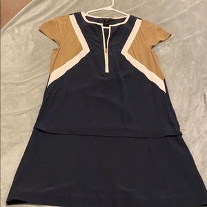 Silk shift color block dress w/ half chest zipper